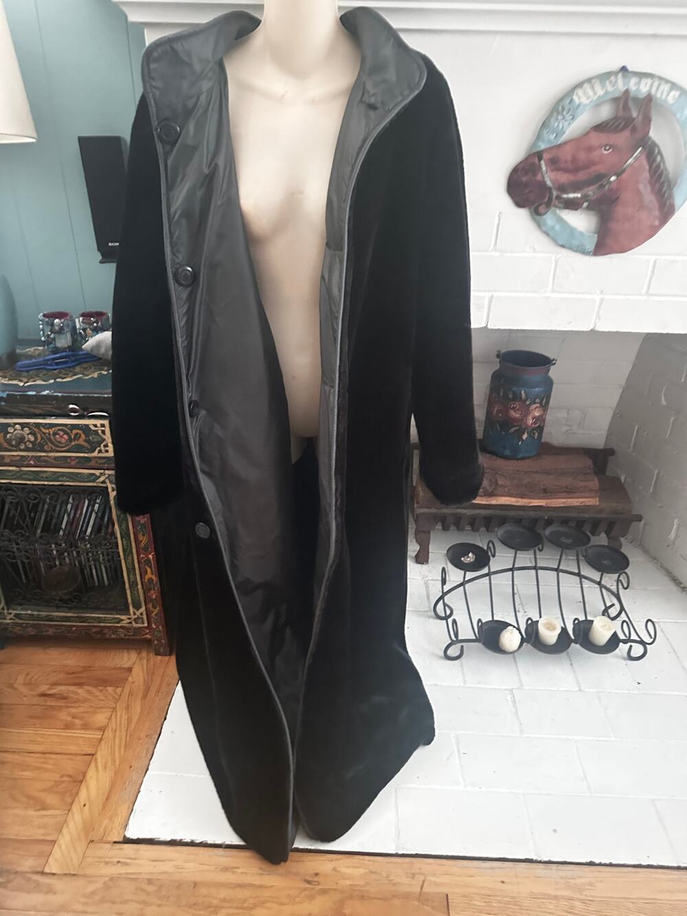 VINTAGE MARIA DIONISIOU REVERSIBLE FAUX FUR & COATED FABRIC HEAVY COAT M